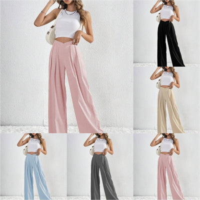 Summer New Solid Color Pleated Casual Wide-leg Pants Loose Casual Women's Commuting Versatile Style Comfortable TrousersS by Glamytek