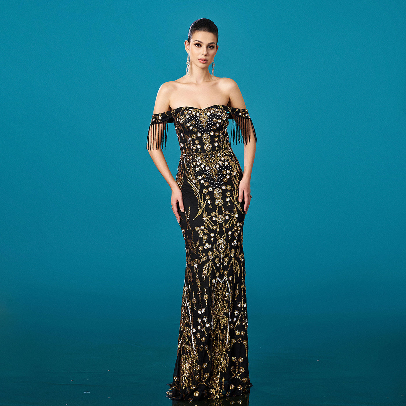 Off-neck Tassel Sequined Fishtail Evening Dress For Banquet by Glamytek