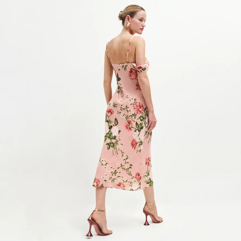 Printed mid-length V-neck halter dress