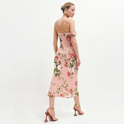 Printed mid-length V-neck halter dress