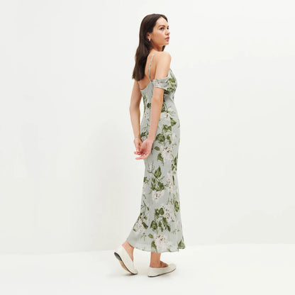 Printed mid-length V-neck halter dress