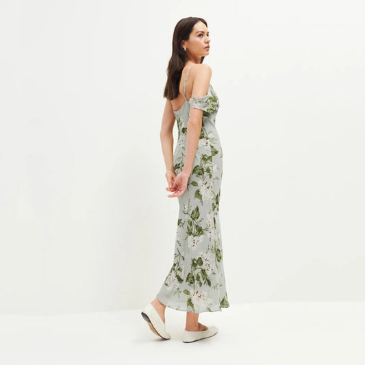 Printed mid-length V-neck halter dress