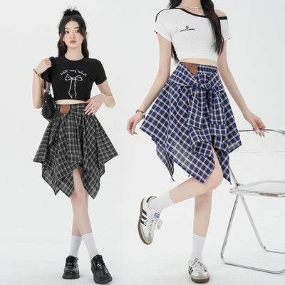 Asymmetrical Plaid A-Line Skirt with Tie Straps by Glamytek