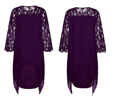Lace-stitched three-quarter-length dress