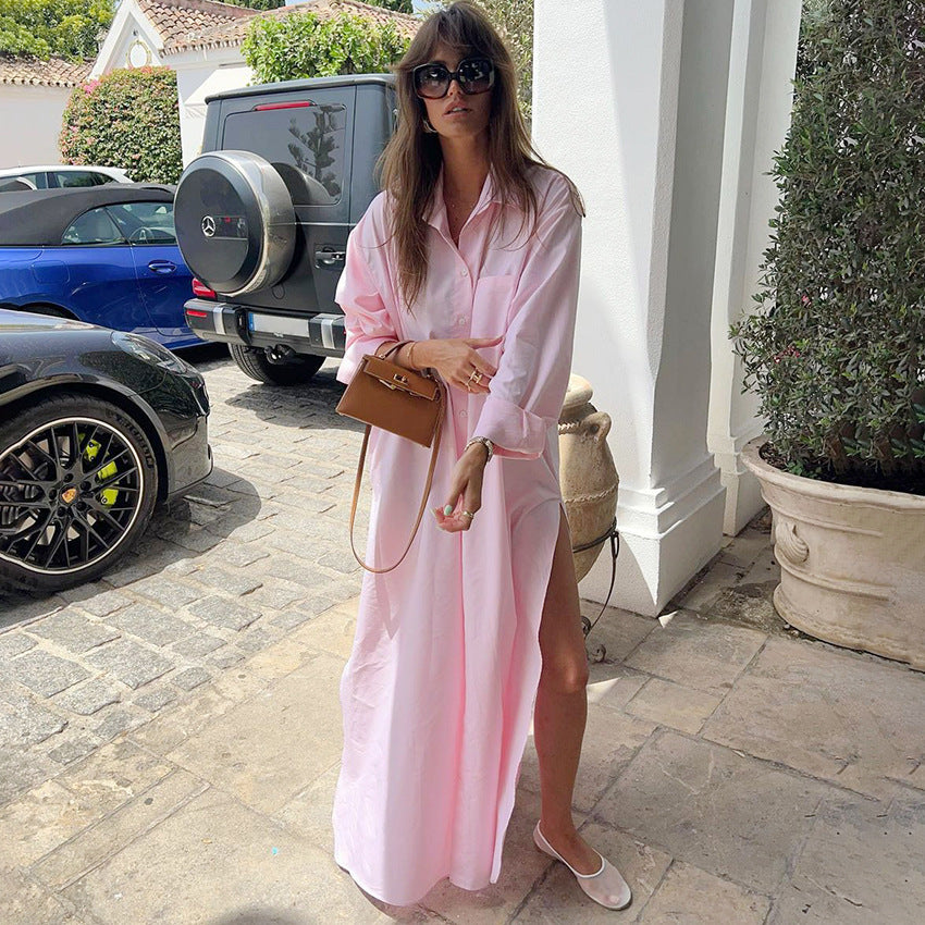 Spring And Summer Lapel Split Dress Women