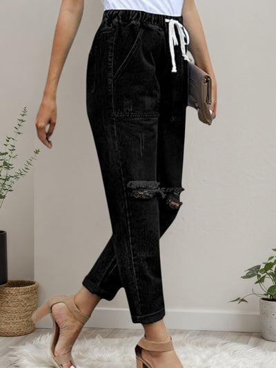 2025 New Women's Casual Set Wearing Distressed Stretch Jeans, Elastic Waisted Jeans, Denim Jogging Pants by Glamytek