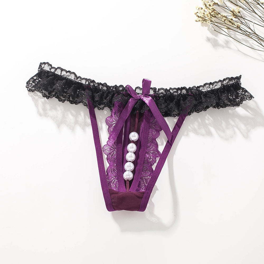 Sexy transparent lace low-rise pearl thong