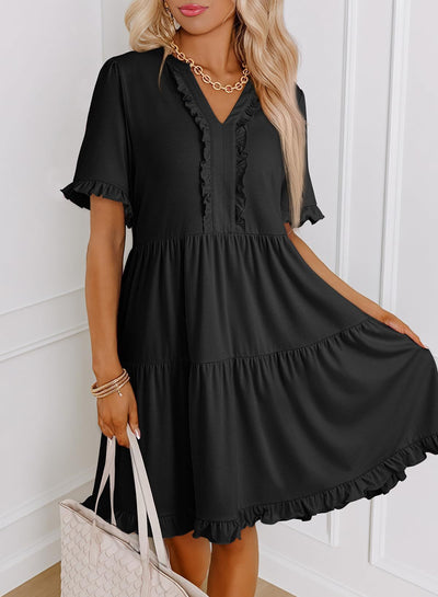 Womens Dresses Summer Spring V Neck Short Sleeve Casual A Line Flowy Swing Dress Mini Dress by Glamytek