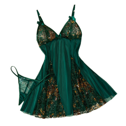 Sexy Deep V Backless Mesh Nightgown