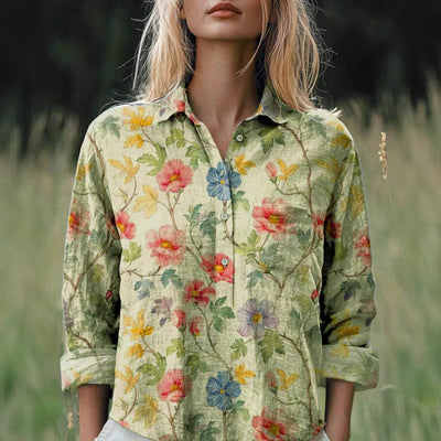 New Casual Printed Floral Button Polo Collar Top Shirt For Women by Glamytek