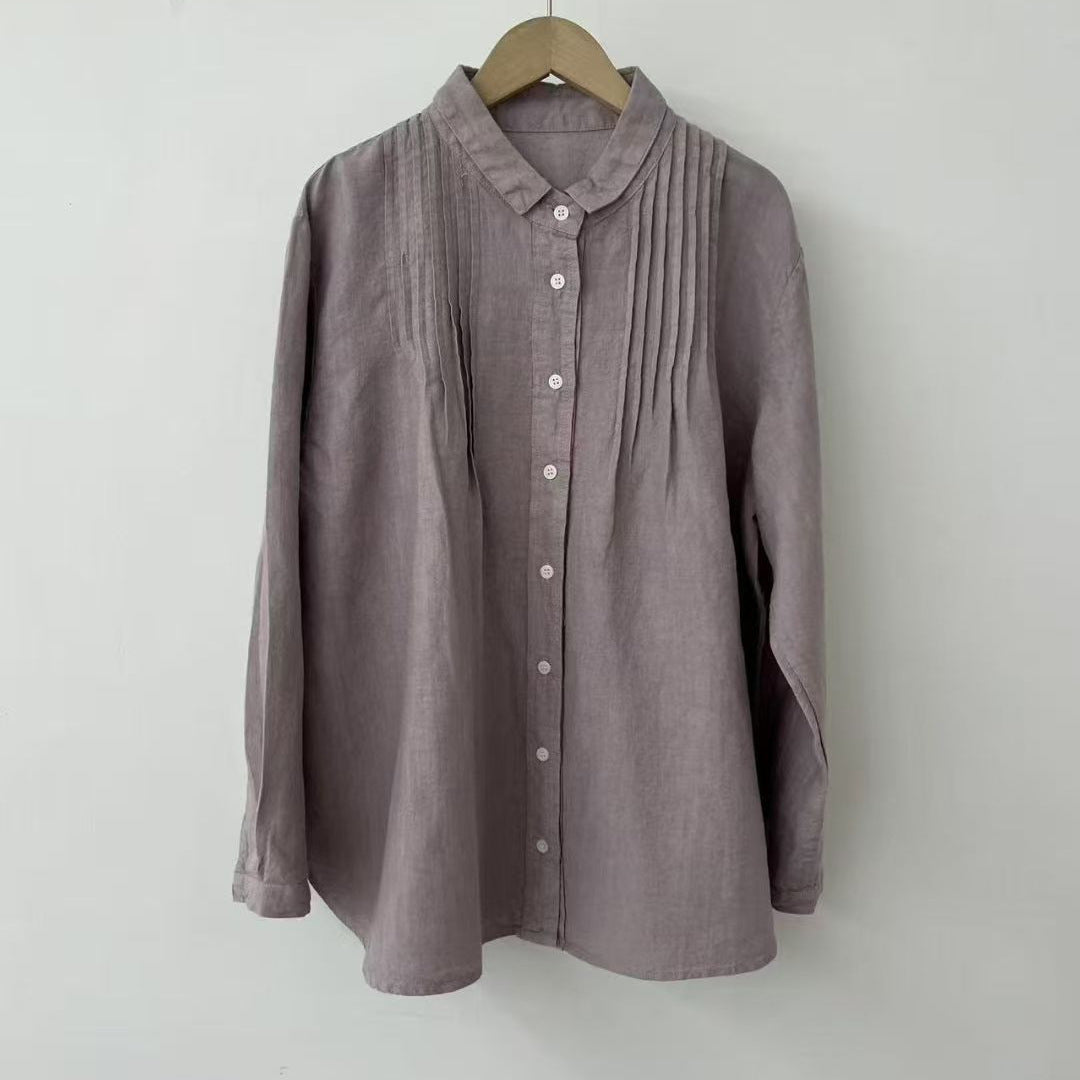 Women's Lapel Japanese Long Linen Sleeves Shirt by Glamytek