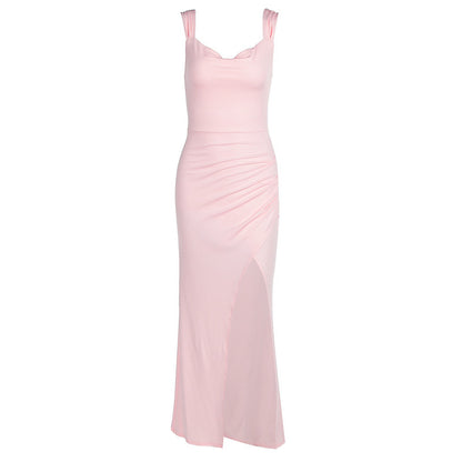European and American women's spring and summer new fashion temperament solid color sleeveless backless back lace slim split dress wholesale
