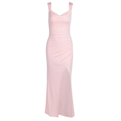 European and American women's spring and summer new fashion temperament solid color sleeveless backless back lace slim split dress wholesale by Glamytek