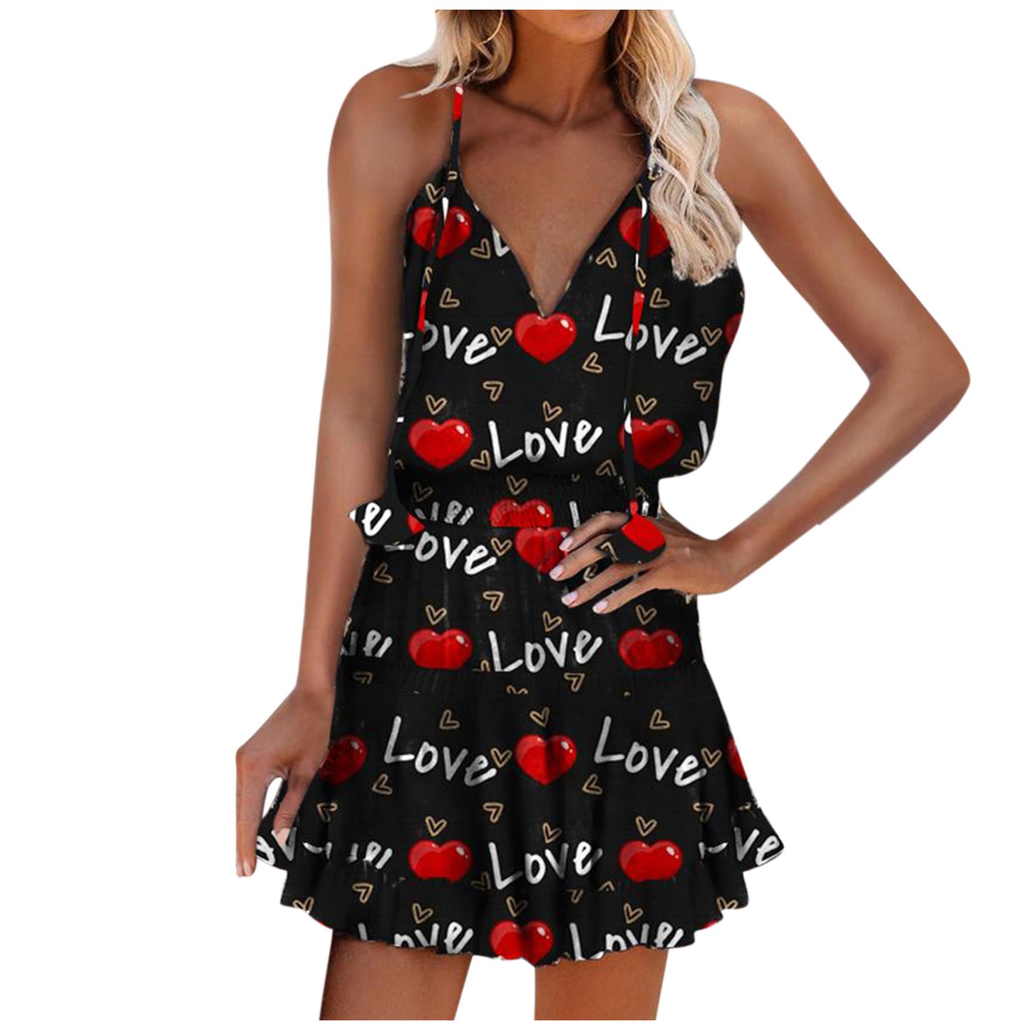 Women's Fashion Short Printed V-Neck Sleeveless Dress