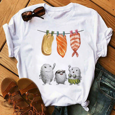 Summer Women Cute Sushi Hug Short Sleeve T-shirts by Glamytek