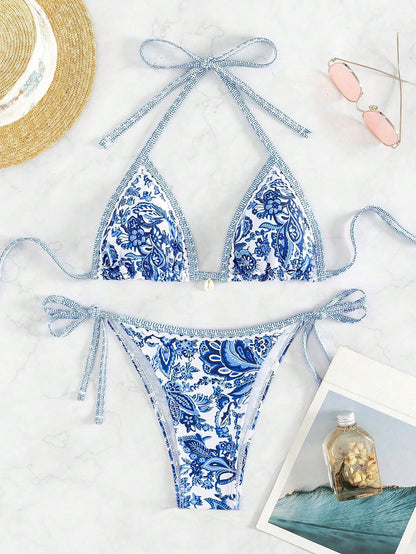 Contrasting-color printed lace-up sexy two-piece swimsuit