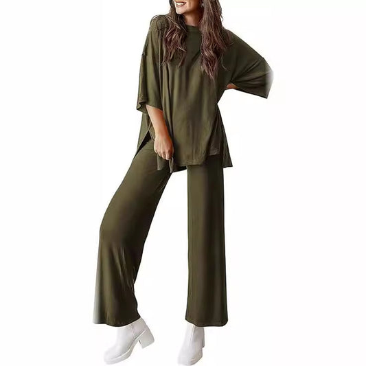 Casual short-sleeved top and wide-leg pants