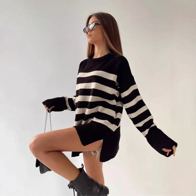 Casual Striped Loose Crew Neck Pullover Sweater Coat by Glamytek