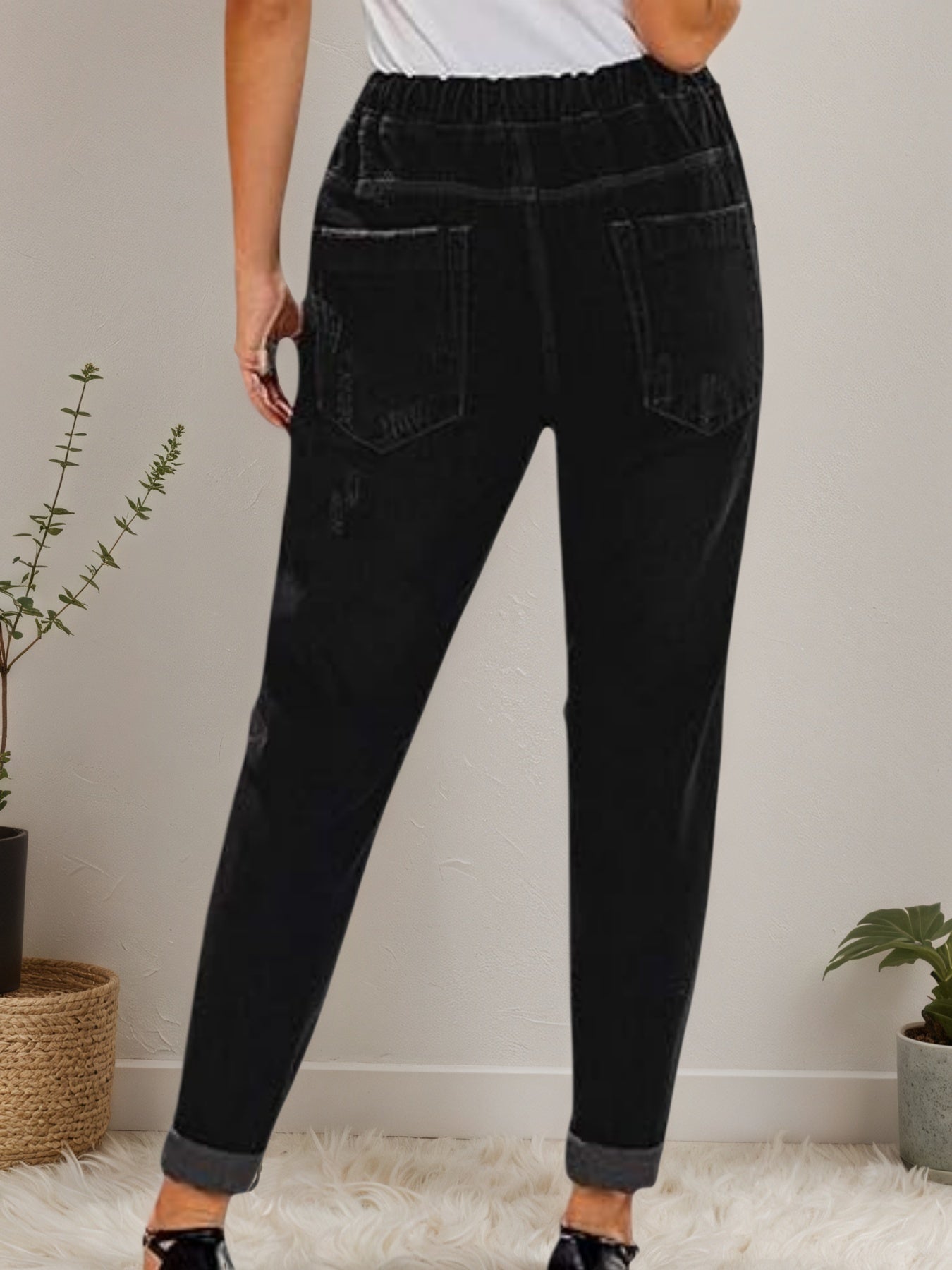 2025 New Women's Casual Set Wearing Distressed Stretch Jeans, Elastic Waisted Jeans, Denim Jogging Pants by Glamytek