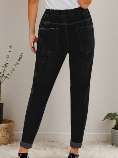 2025 New Women's Casual Set Wearing Distressed Stretch Jeans, Elastic Waisted Jeans, Denim Jogging Pants by Glamytek