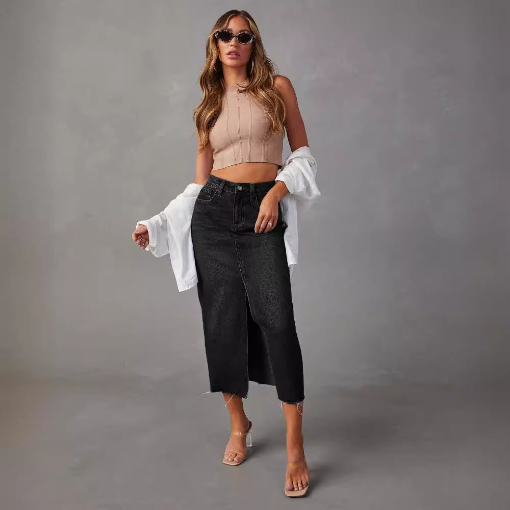 Stylish A-line Denim Skirt with Side Slit by Glamytek