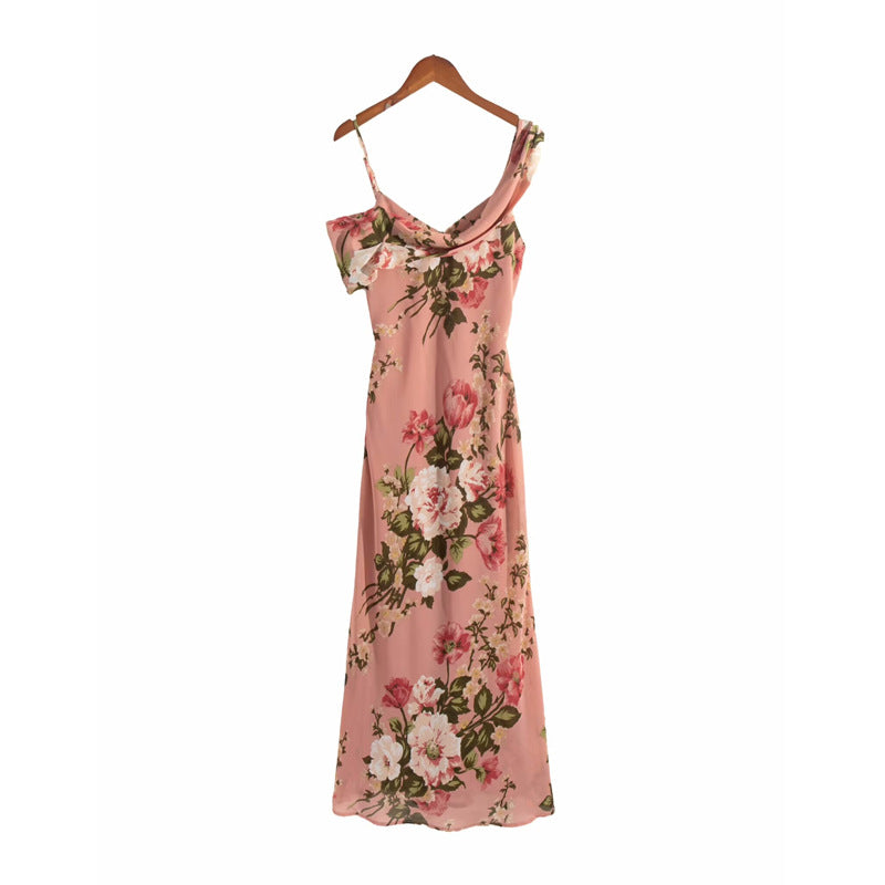 Printed mid-length V-neck halter dress