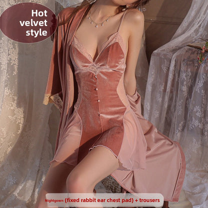 Women's Velvet Nightgown with Pads and Lace Trim