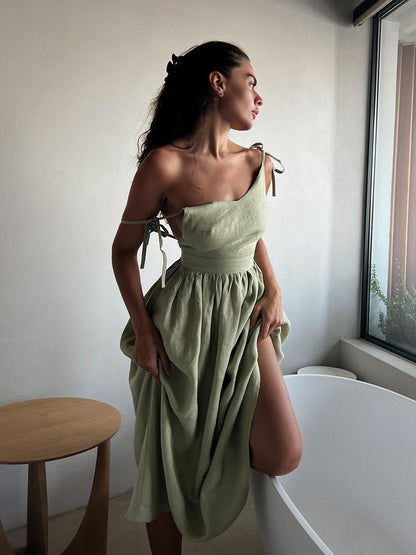 Elegant Linen Strappy Backless Long Dress