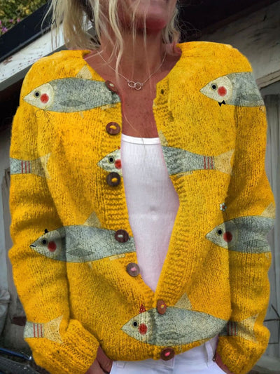 New Women's Autumn And Winter Style Loose 3D Printed Knitted Cardigan Sweater by Glamytek