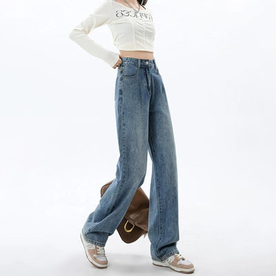 Simple All-matching Wide Leg Jeans For Women Spring And Autumn New High Waist by Glamytek