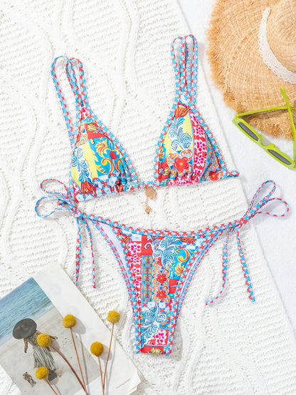 Contrasting-color printed lace-up sexy two-piece swimsuit