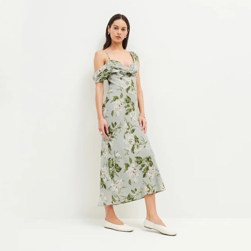 Printed mid-length V-neck halter dress