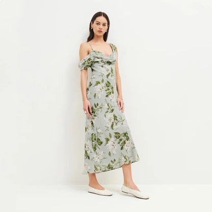 Printed mid-length V-neck halter dress