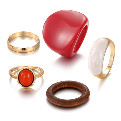 New Trendy Rings Set For Women Exaggerated Red Resin Enamel Wooden Geometric Finger Ring Punk Fashion Jewelry by Glamytek