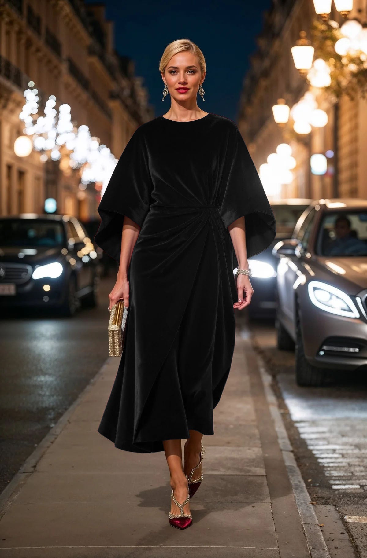 Women's Fashion Elegant Gold Velvet Waist-tight Batwing Sleeve Dress