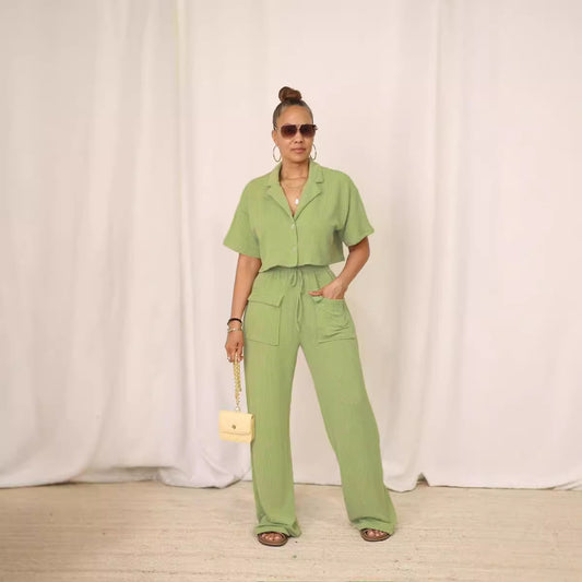 Shirt collar top, long casual wide-leg pants set