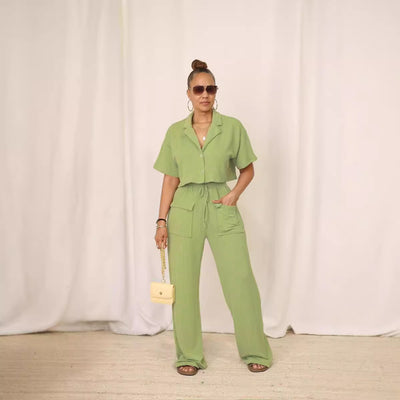 Shirt collar top, long casual wide-leg pants set by Glamytek