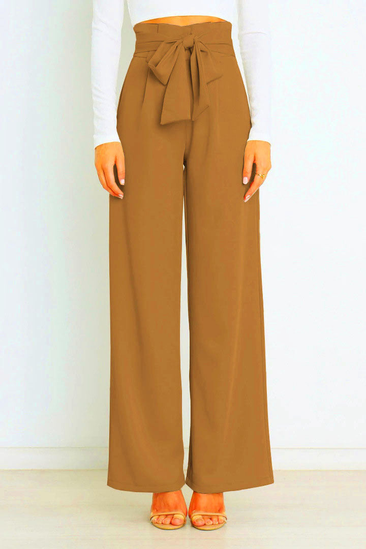 Wide-leg high-waisted lace-up dress pants woman