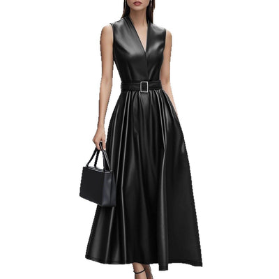 Fashionable Temperamental All-match Round Neck Sleeveless Belt Long Dress by Glamytek