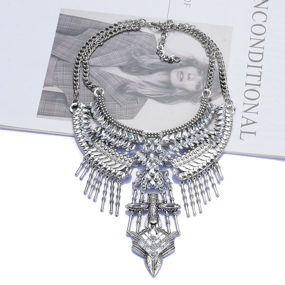 Inlaid antique silver clavicle stick with tasseled necklace