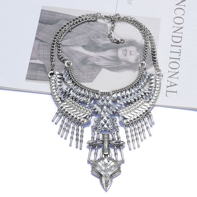 Inlaid antique silver clavicle stick with tasseled necklace