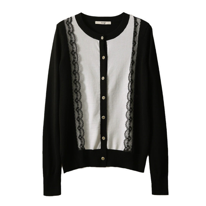 Slimming Lace Patchwork Round Neck Knitted Cardigan Sweater by Glamytek