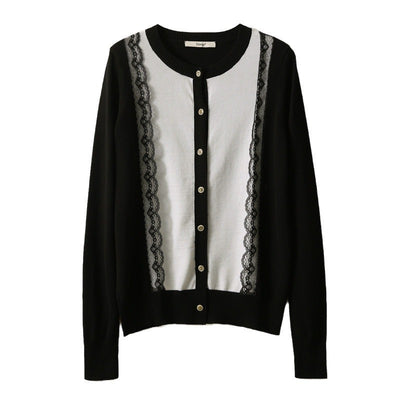 Slimming Lace Patchwork Round Neck Knitted Cardigan Sweater by Glamytek