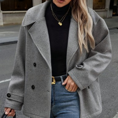 Womens Woolen Coat Dark Gray Loose Fit Short Overcoat