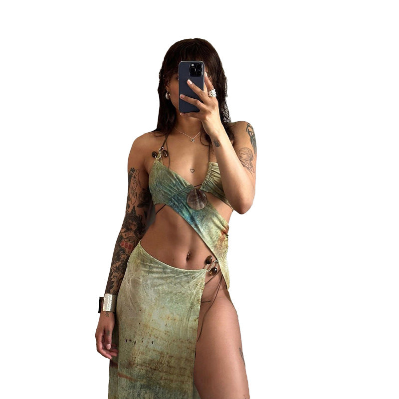 Hanging Neck Navel Lace High Waist Slim Fit dress Women's Clothing