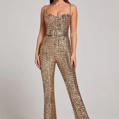 Fashionable and sexy chain belt slim-fit jumpsuit