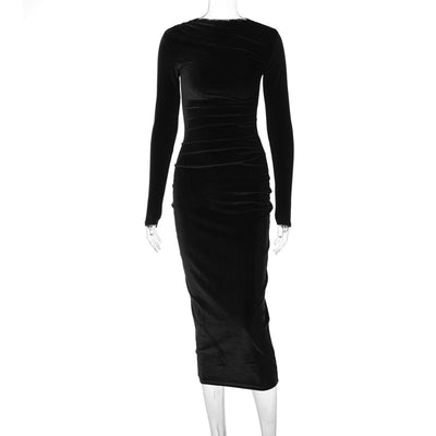 Solid-color fitted pleated round-neck long-sleeved dress by Glamytek