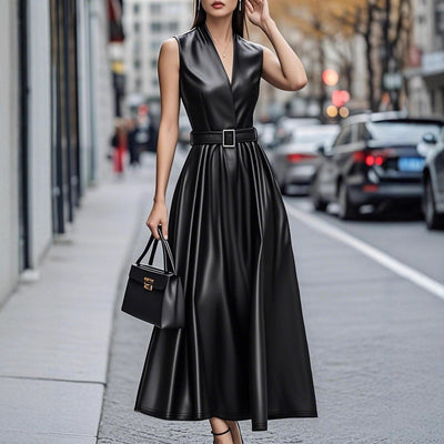 Fashionable Temperamental All-match Round Neck Sleeveless Belt Long Dress by Glamytek