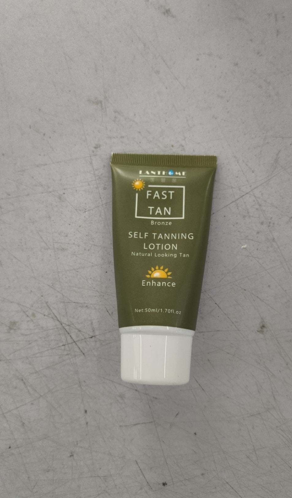 50ml self-tanning lotion tube for bronzing with sun icon, delivering a natural-looking tan.