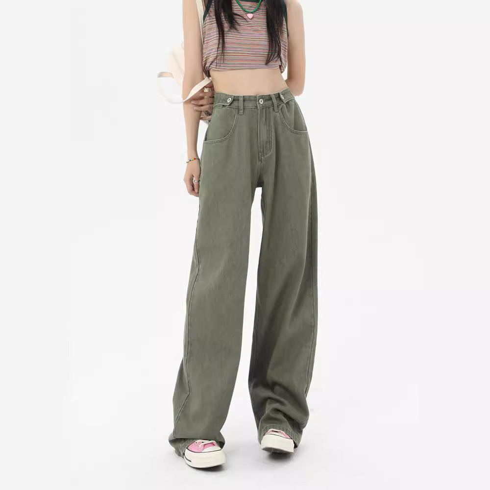 Green High Waist Wide Leg Jeans For Women Loose Drooping by Glamytek